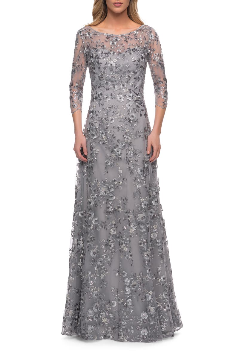 La Femme Lace Gown with Full Skirt and Sheer Lace Sleeves, Main, color, Silver
