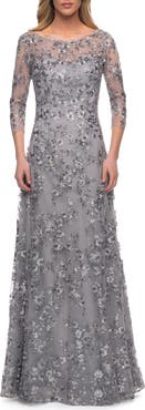 La Femme Lace Gown with Full Skirt and Sheer Lace Sleeves