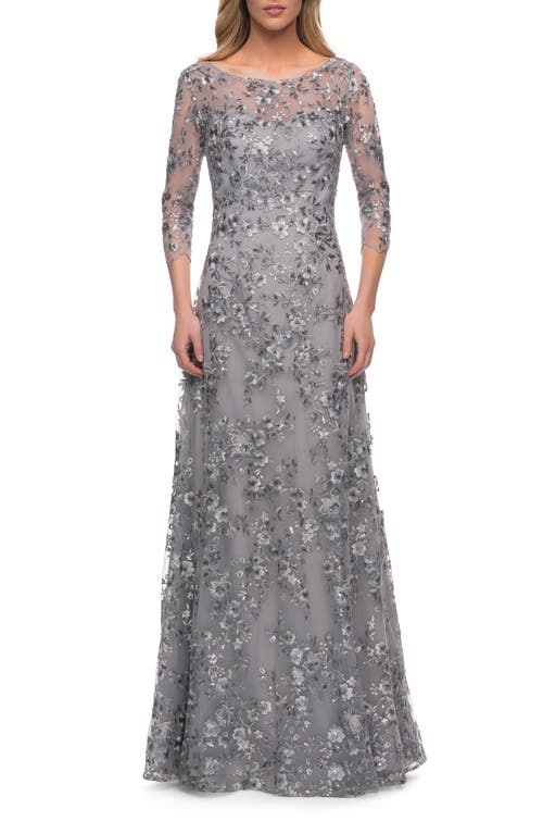 La Femme Lace Gown With Full Skirt And Sheer Lace Sleeves In Silver