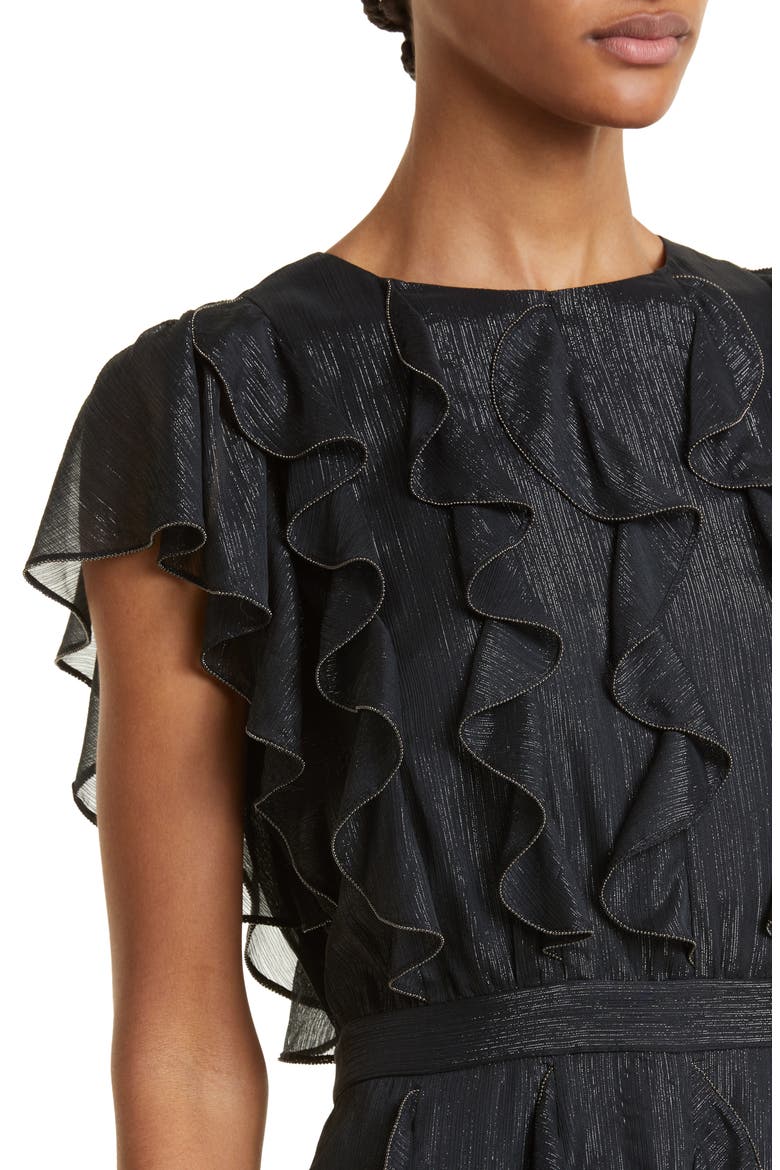 Dollei Metallic Ruffle Dress, Alternate, color, BLACK