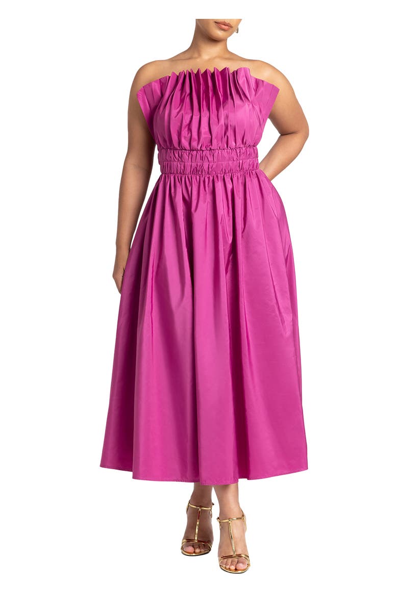 ELOQUII Pleated Ruffle Neckline Midi Dress, Main, color, Vivid Viola