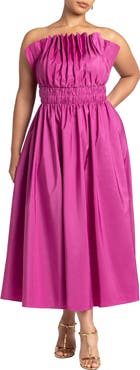 ELOQUII Pleated Ruffle Neckline Midi Dress