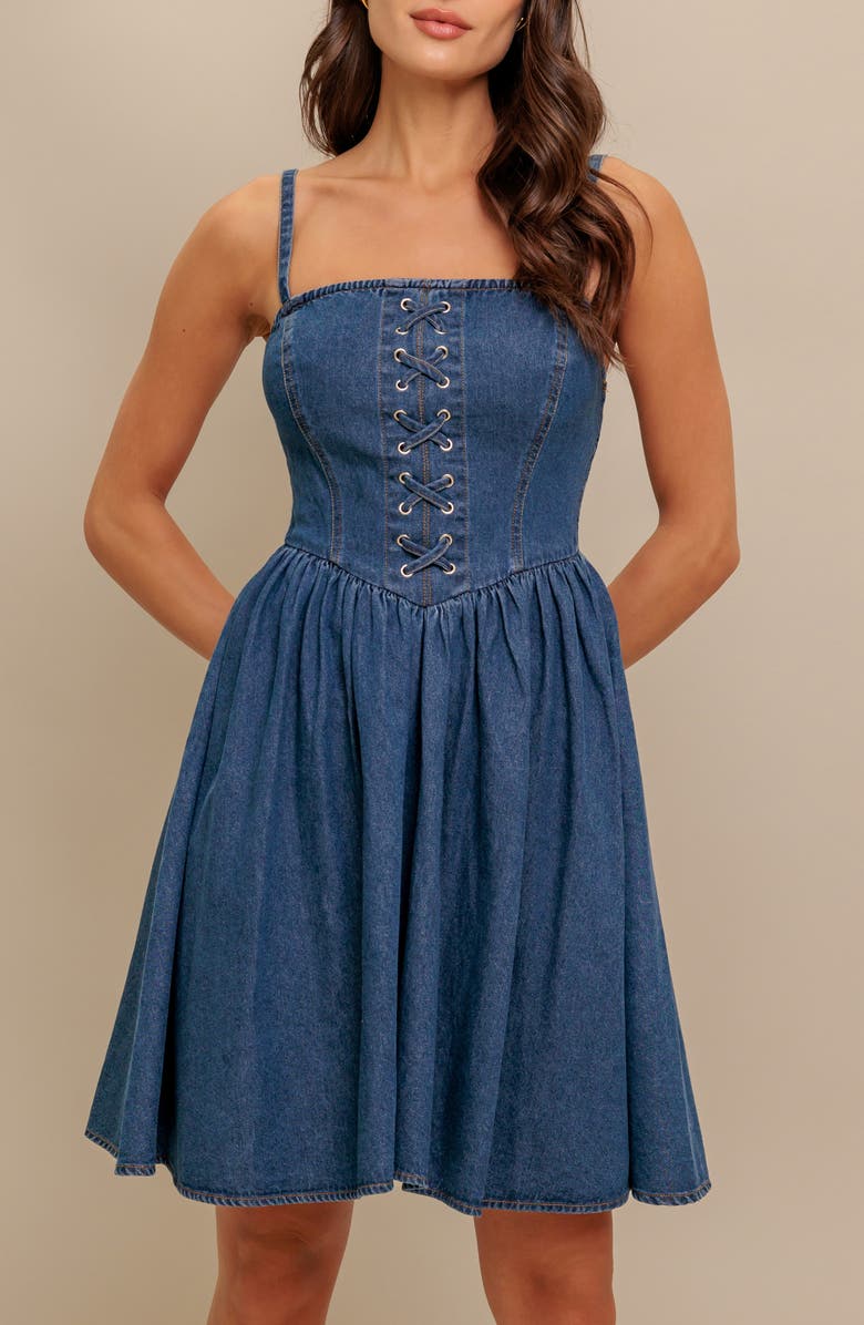 FLYING TOMATO Lace-Up Denim Minidress, Alternate, color, Medium Indigo