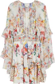 Camilla I Left My Heart in Granada Print Long Sleeve Tiered Ruffle Silk Minidress