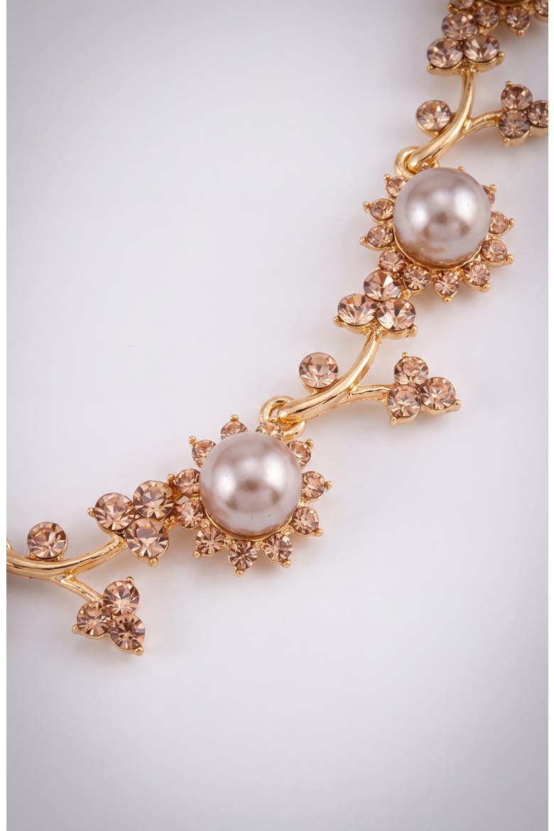 Pearl and Crystal Floral Necklace and Earrings Set, Alternate, color, Gold