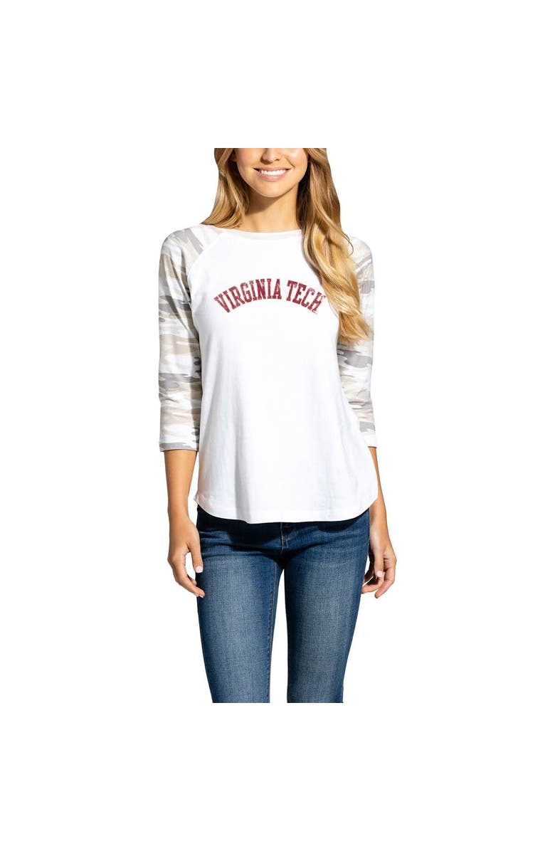 CAMP DAVID Women's White/Camo Virginia Tech Hokies Boyfriend Baseball Raglan 3/4 Sleeve T-Shirt, Alternate, color,