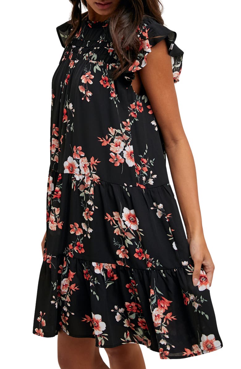WISHLIST Floral Cap Sleeve Tiered Babydoll Dress, Alternate, color, Black