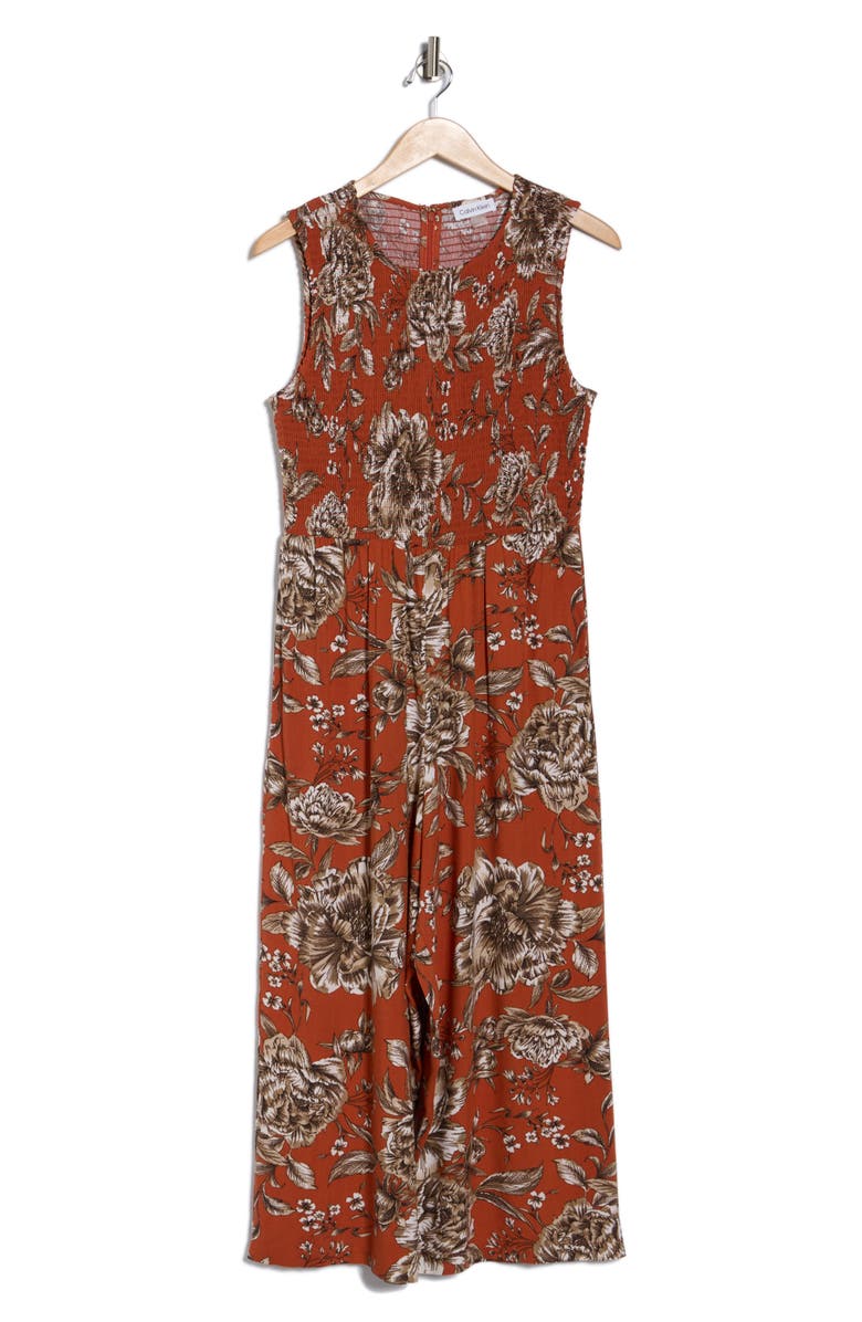Calvin Klein Floral Smocked Midi Dress, Alternate, color, Terra Multi
