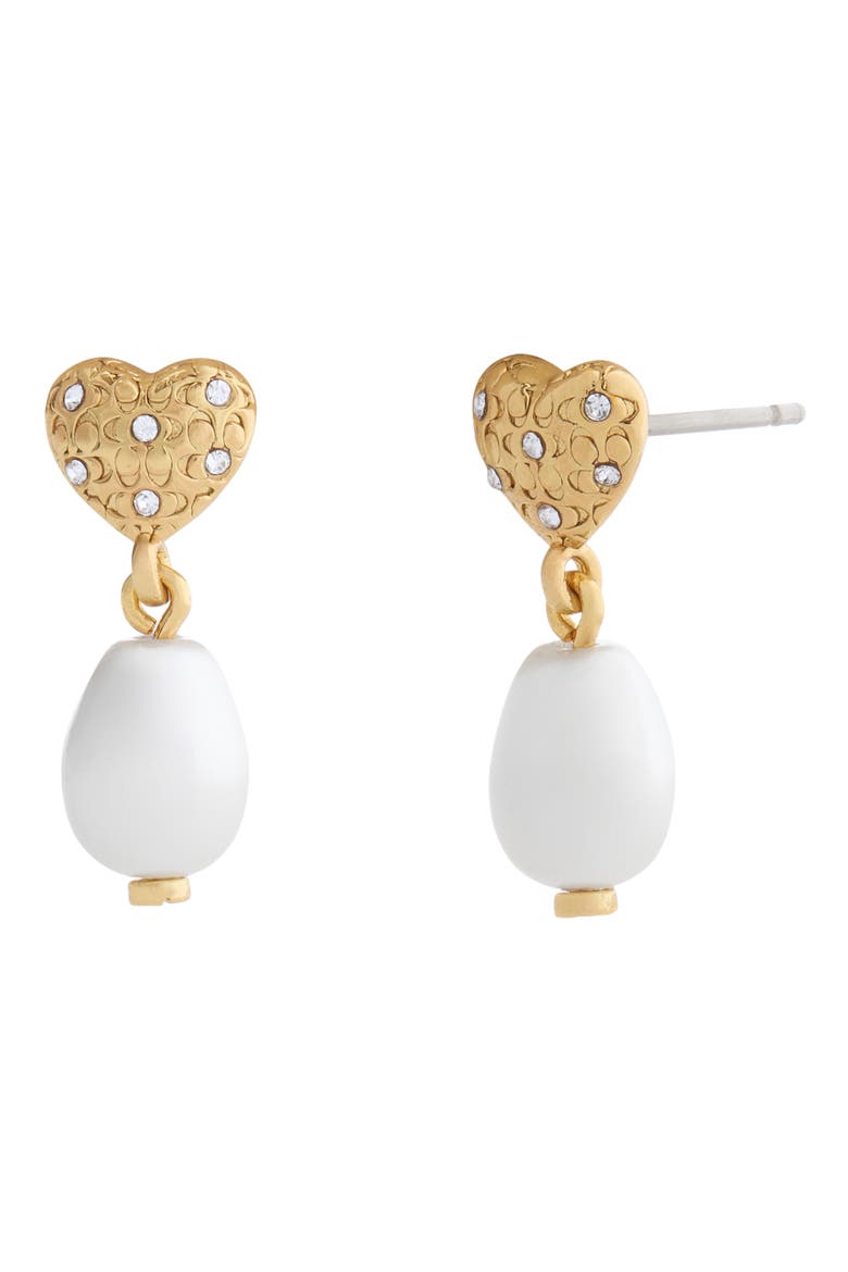 Signature C Quilted Heart Faux Pearl Drop Earrings, Main, color, PEARL/ GOLD