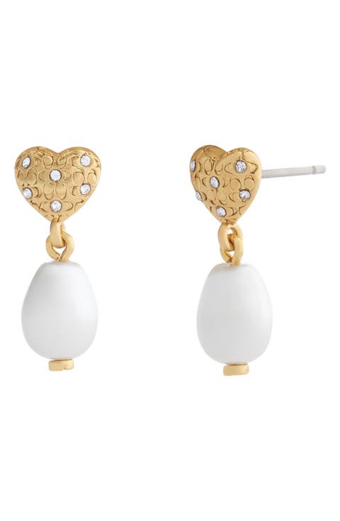 Signature C Quilted Heart Faux Pearl Drop Earrings