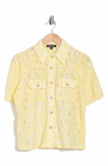 Nicole Miller Short Sleeve Lace Button-up Shirt In Yellow
