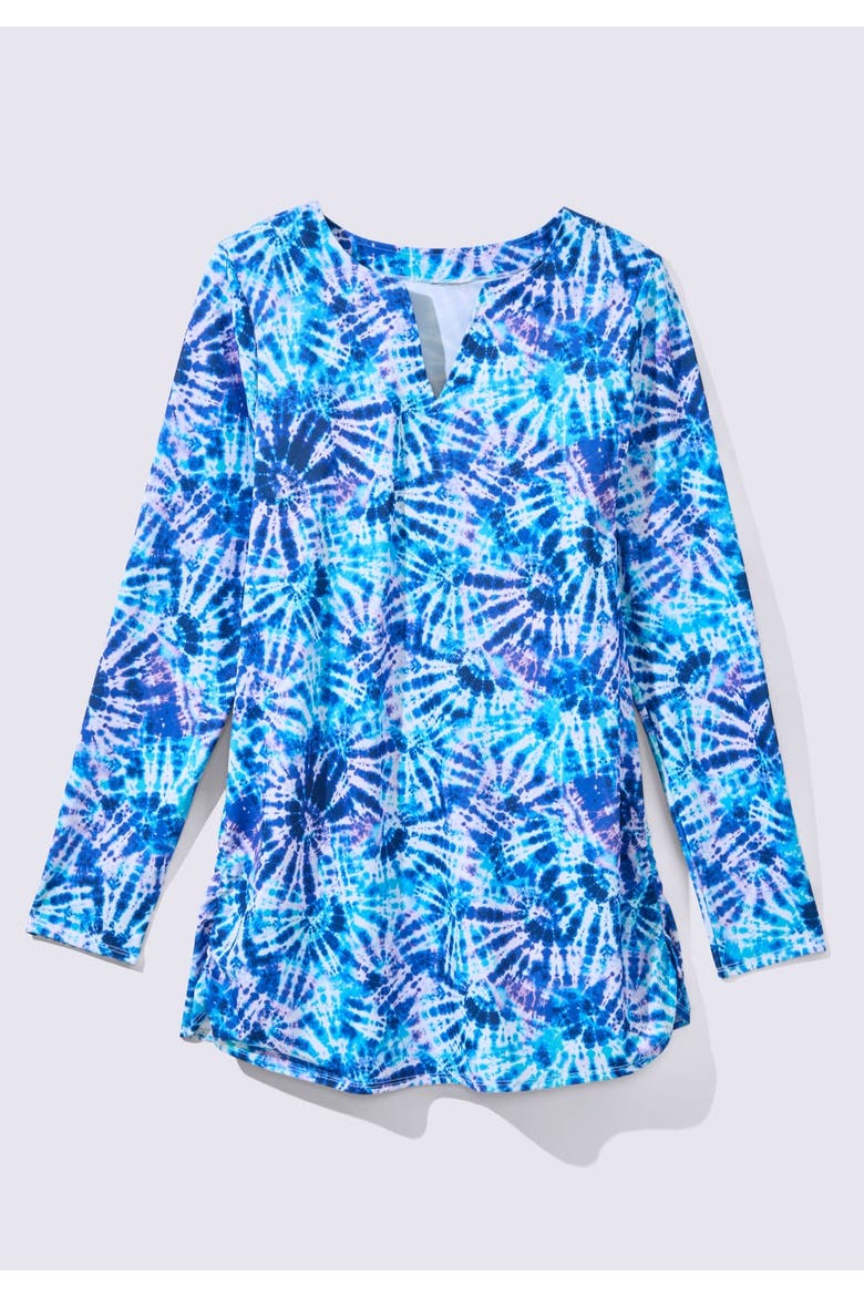 Split Neck Long Sleeve Swim Tee With Built In Bra, Alternate, color, BLUE TIE DYE SWIRL
