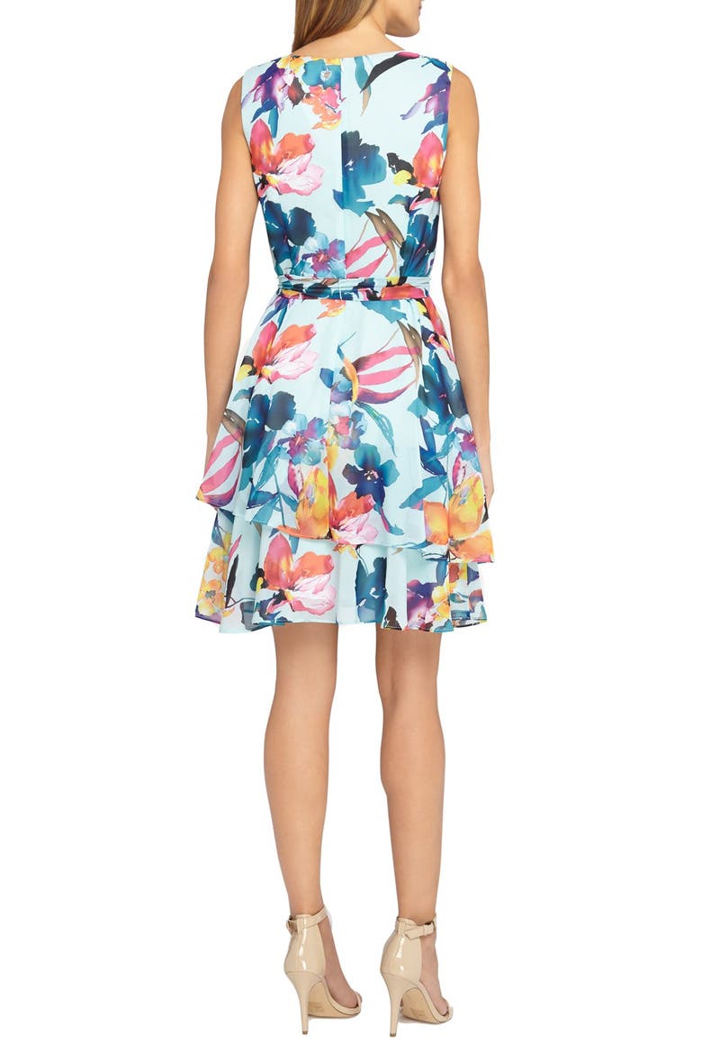 Belted Floral Print Chiffon A-Line Dress, Alternate, color, SKY/ PERIWINKLE/ PEONY