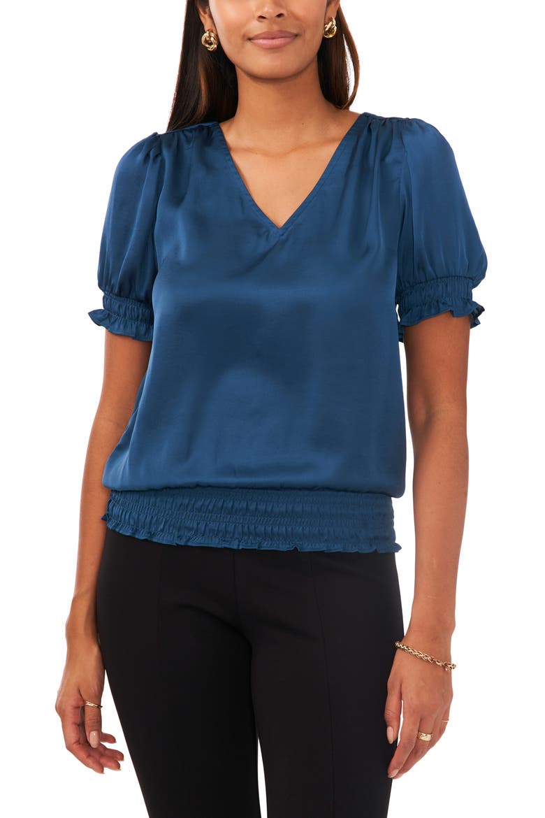 Smocked Trim Satin Blouse, Main, color, ARRESTING ORCHID