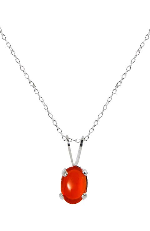 Rhodium Plated Sterling Silver Fire Opal Pendant Necklace