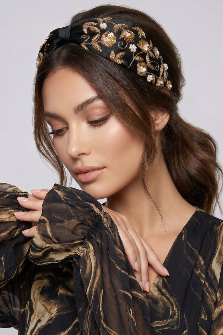 Midnight Bloom Embellished Headband, Alternate, color, Black