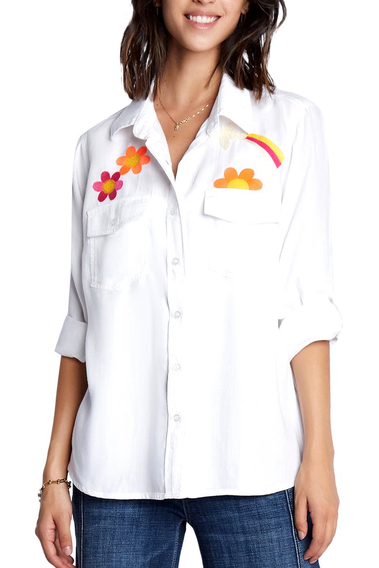 Peace & Love Embroidered Button-Up Shirt, Main, color, WHITE