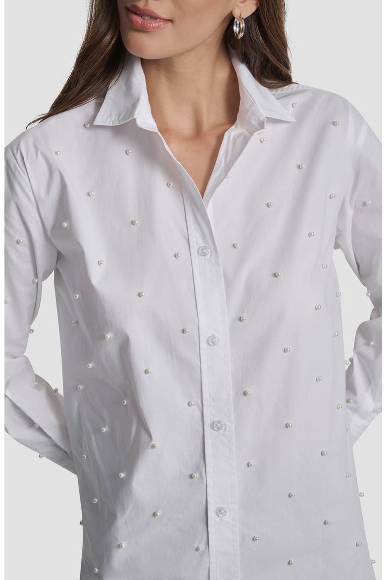 Faux Pearl Embellished Button-Up Shirt, Alternate, color, WHITE