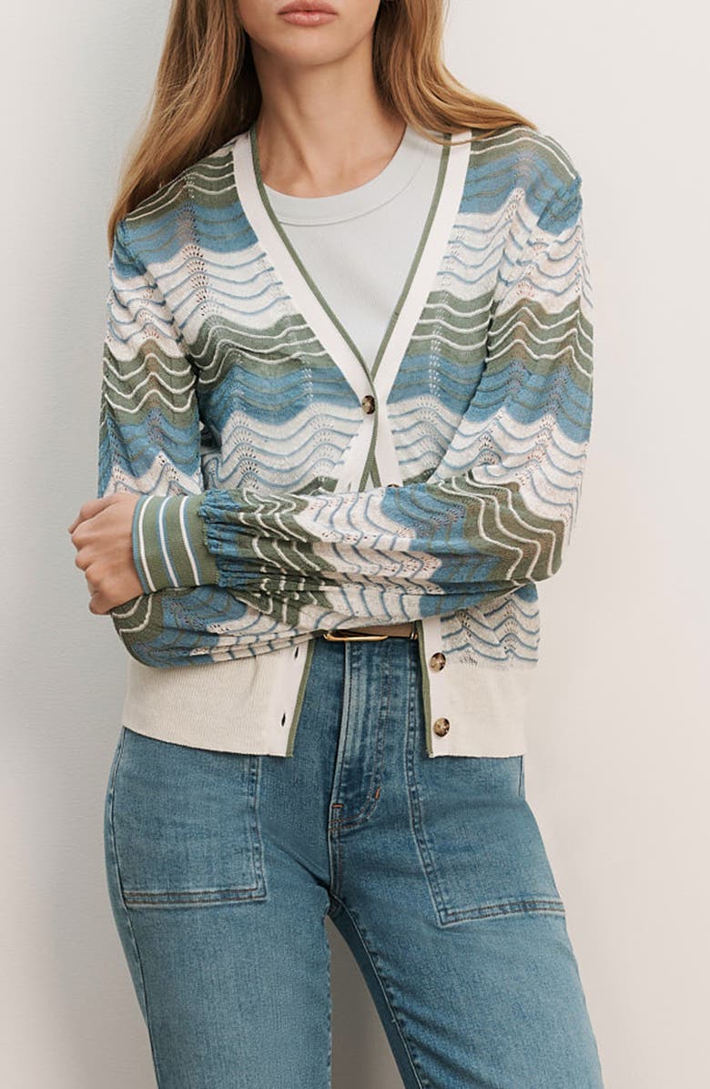 Veronica Beard Laurinor Stripe Pointelle Knit Button Front Cardigan, Main, color, Dove/ Sage/ Blue River