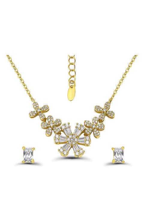 Cubic Zirconia Floral Necklace & Stud Earrings Set