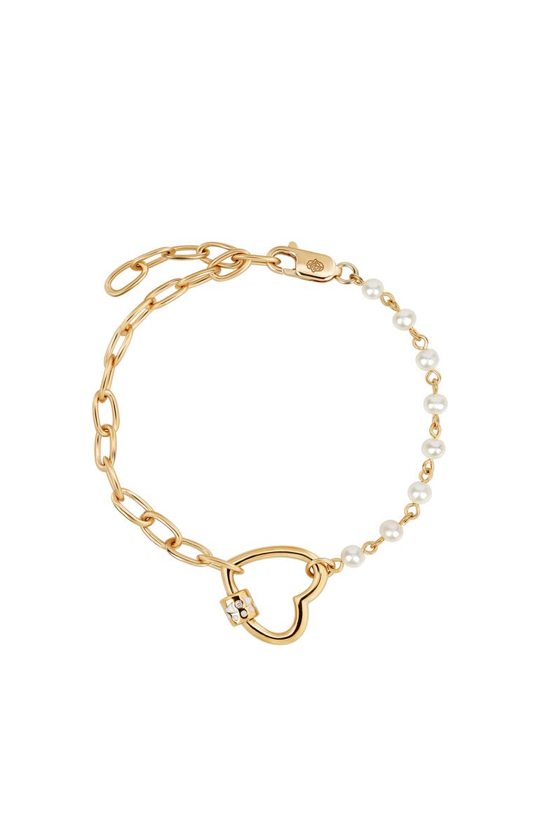 Karma and Luck Iridescent Grace Pearl Diamond Heart Charm Bracelet, Main, color, Gold/White