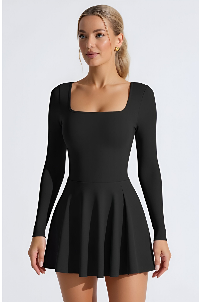 Long-Sleeve Thumbhole Open Crisscross-Back Active Romper Dress, Main, color, Black