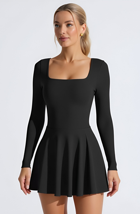Long-Sleeve Thumbhole Open Crisscross-Back Active Romper Dress