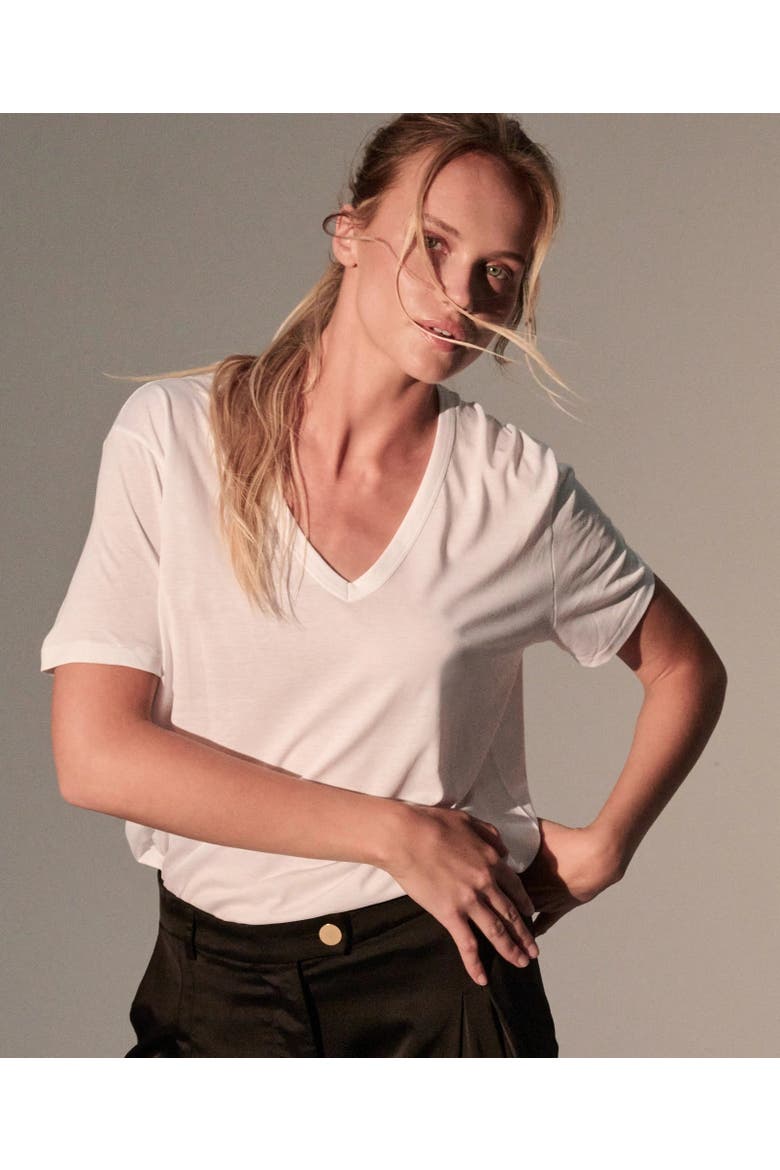 Lyocell Cotton Semi Relaxed Short Sleeve V-Neck T-Shirt, Main, color, BLANC