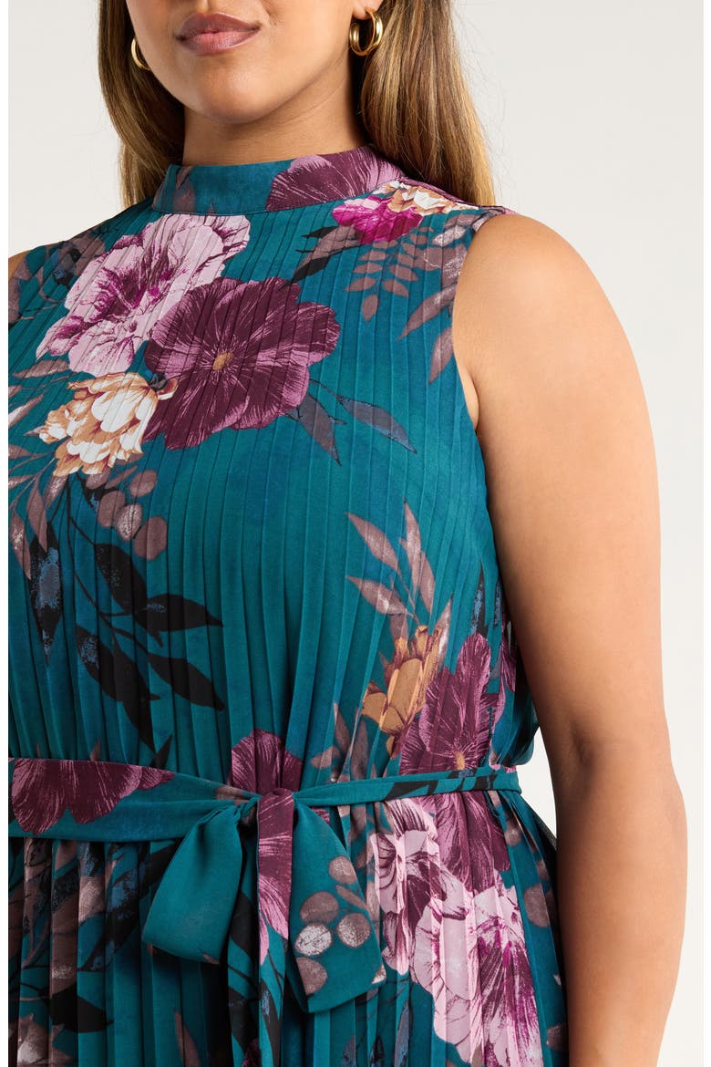 Floral Print Pleated Sleeveless Asymmetric Midi Dress, Alternate, color, OCEAN TEAL