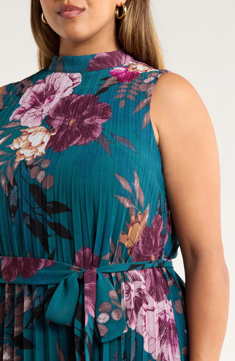 Tahari ASL Floral Print Pleated Sleeveless Asymmetric Midi Dress, Alternate, color, Ocean Teal