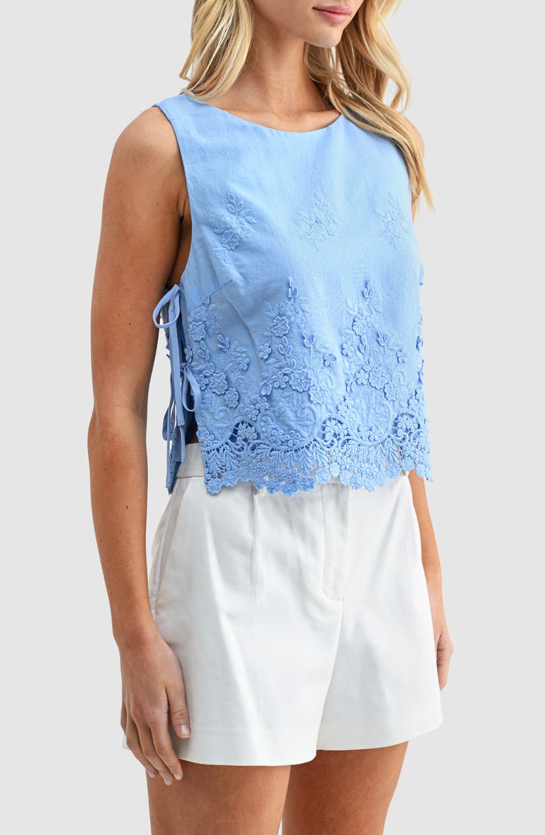 All in Favor Eyelet Embroidered Side Tie Cotton Tank, Alternate, color, Periwinkle