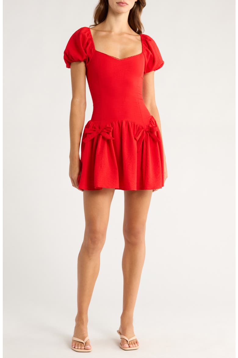 Bow Detail Puff Sleeve Minidress, Main, color, RED