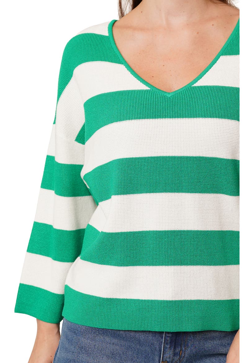 Stripe V-Neck Waffle Knit Sweater, Alternate, color, GREEN JELLY BEAN/ BRIGHT WHITE