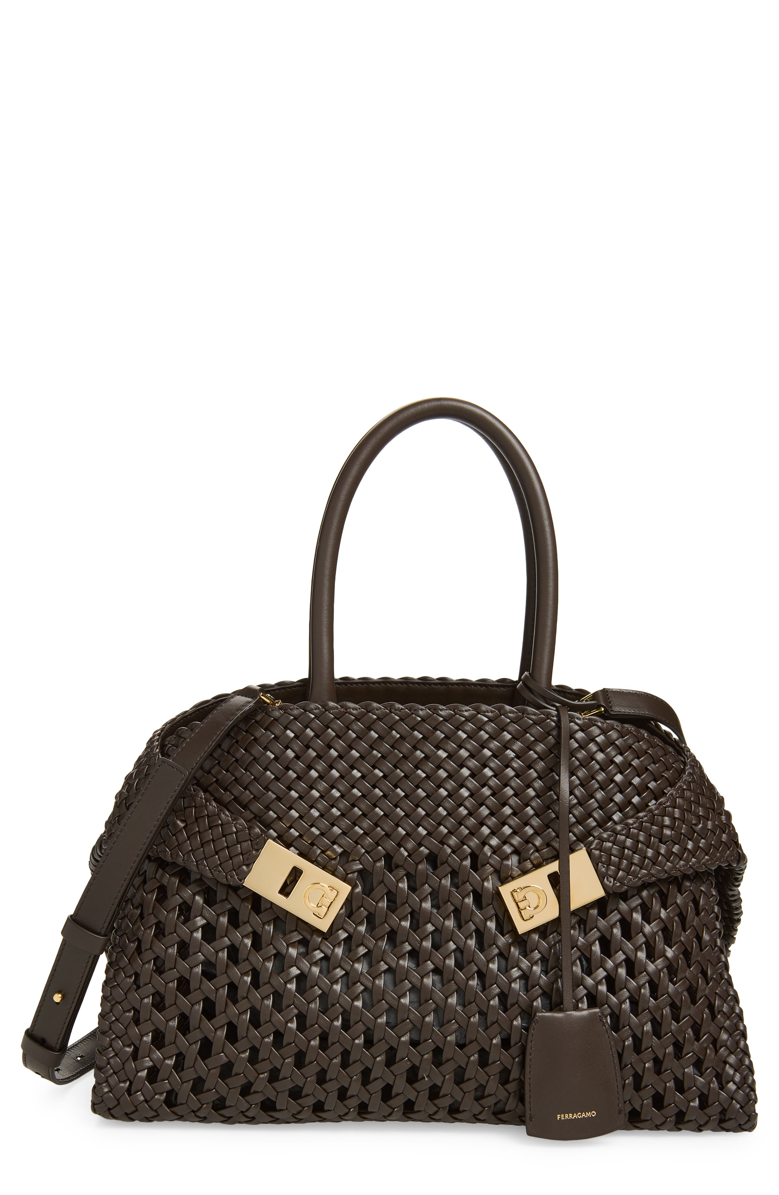 FERRAGAMO Small Hug Woven Leather Top Handle Bag, Main, color, 