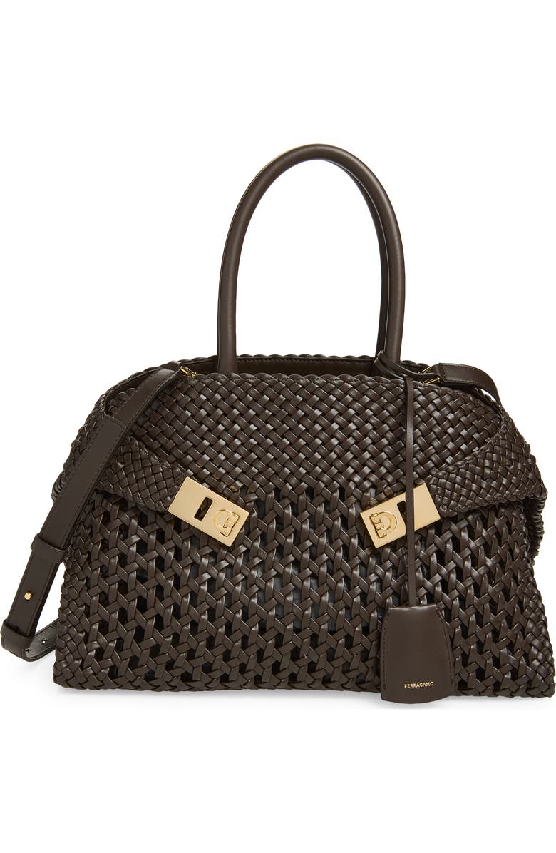 FERRAGAMO Small Hug Woven Leather Top Handle Bag, Main, color,