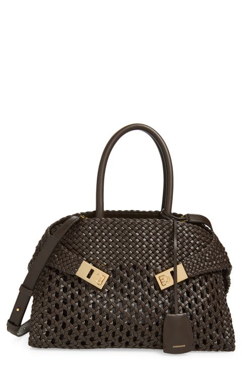 Small Hug Woven Leather Top Handle Bag