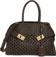 FERRAGAMO Small Hug Woven Leather Top Handle Bag