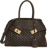 FERRAGAMO Small Hug Woven Leather Top Handle Bag