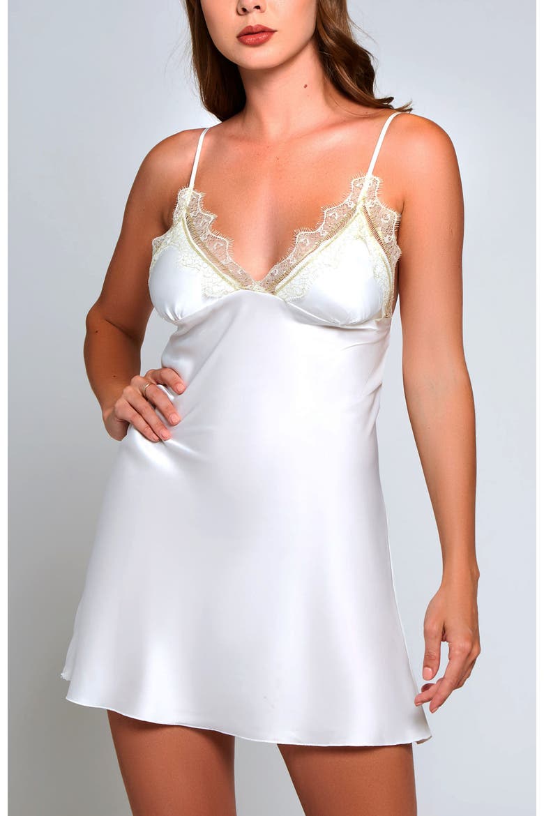 Eyelash Lace Trim Satin Chemise, Main, color, White