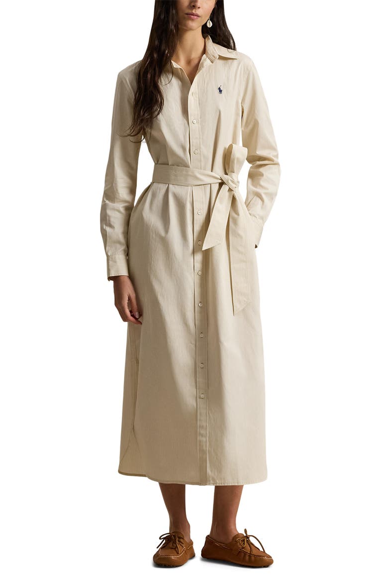 Tie Waist Long Sleeve Maxi Shirtdress, Main, color, POLO TAN-WHITE