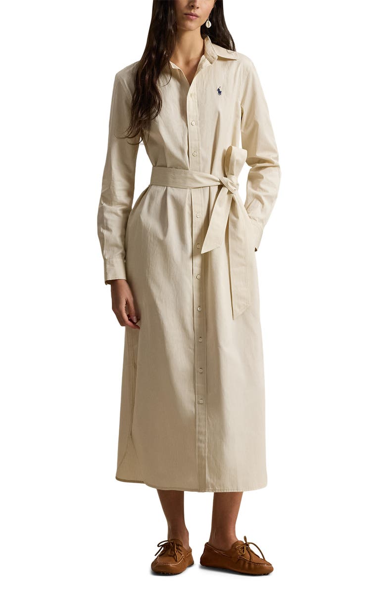 Polo Ralph Lauren Tie Waist Long Sleeve Maxi Shirtdress, Main, color, Polo Tan-White