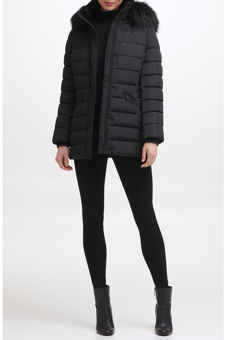 Hooded Puffer Coat with Faux Fur Trim, Alternate, color, BLACK