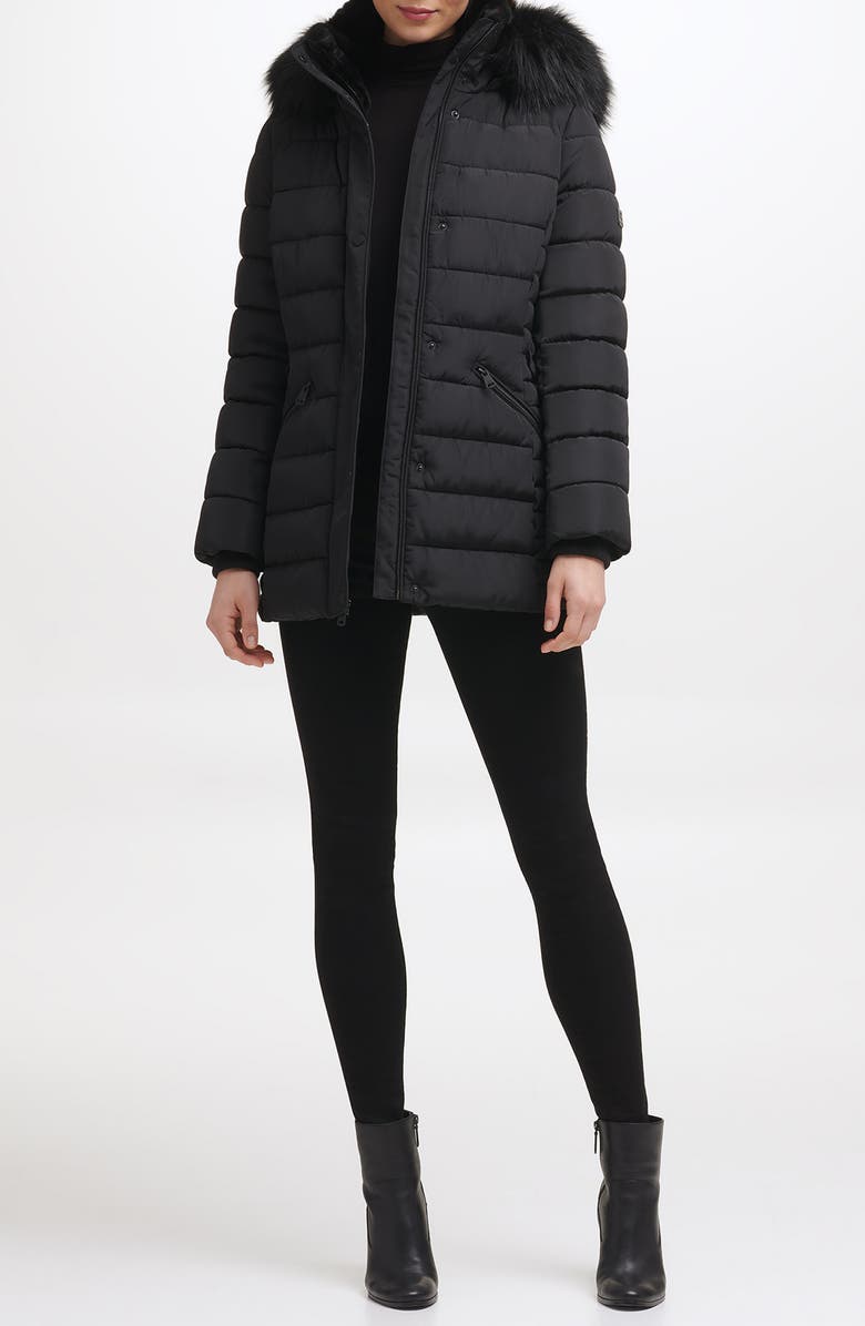 Kenneth Cole New York Hooded Puffer Coat with Faux Fur Trim, Alternate, color,