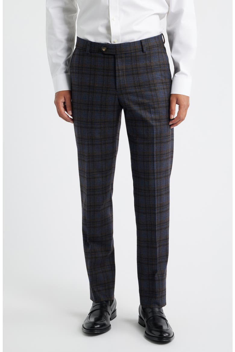 Multicolor Plaid Wool Blend Dress Pants, Main, color, BROWN