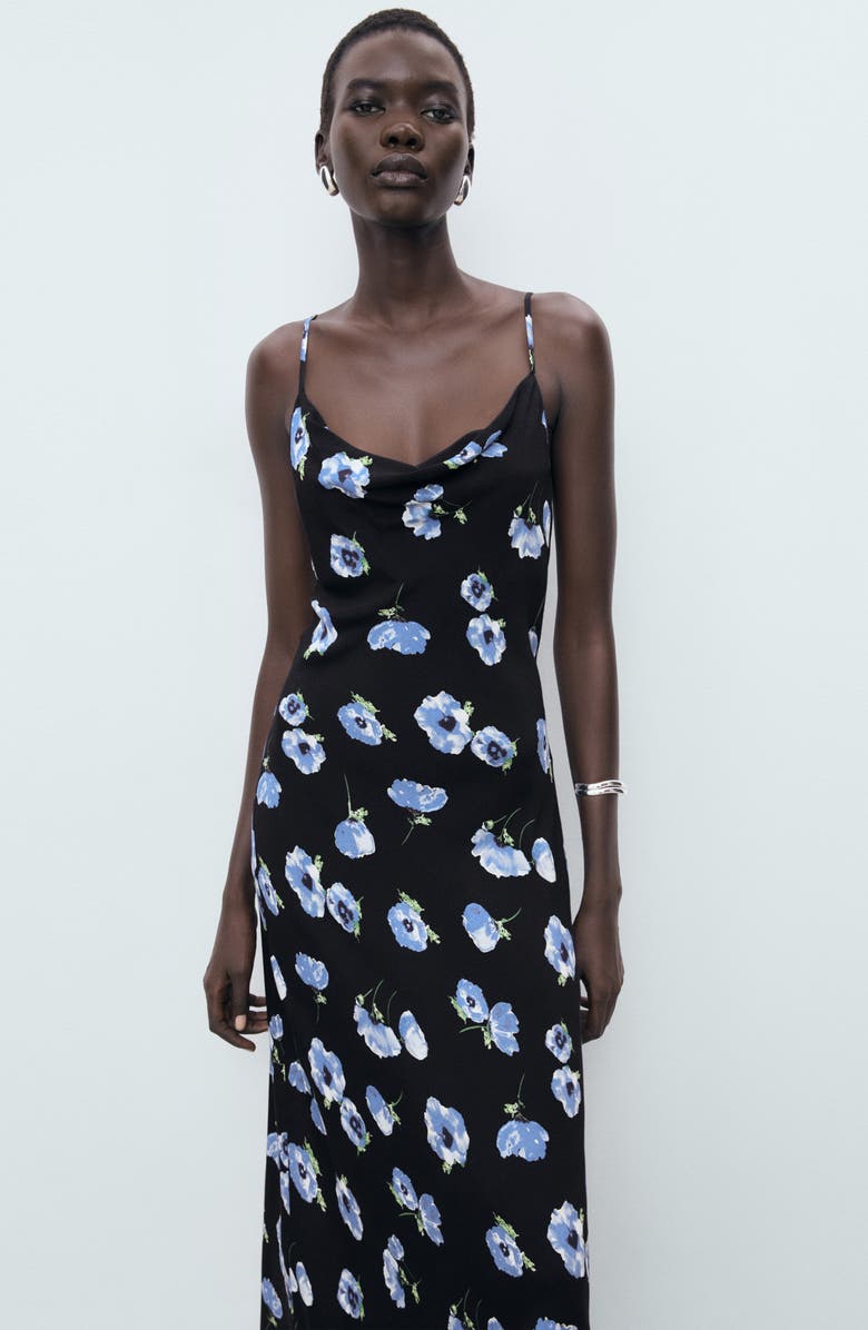 MANGO Kendal Print Cowl Neck Crepe Slipdress, Alternate, color, Black