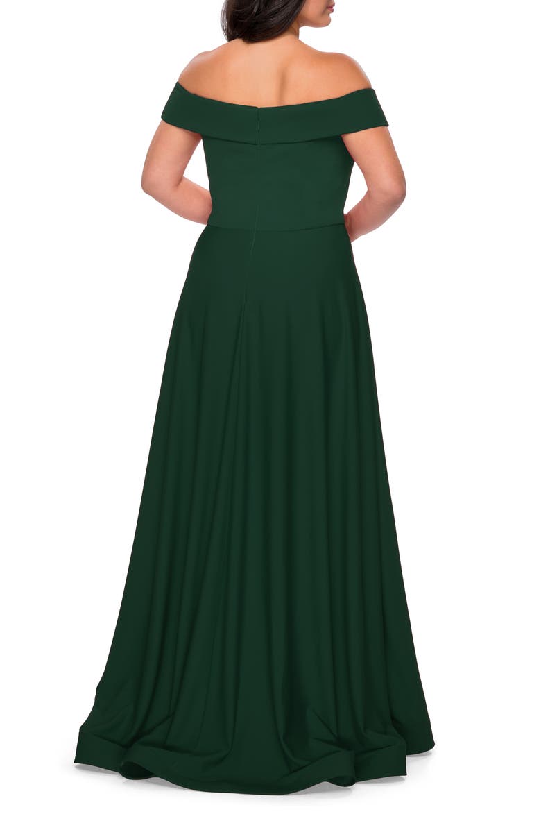 La Femme Off The Shoulder Plus Size Dress with Leg Slit, Alternate, color, Emerald