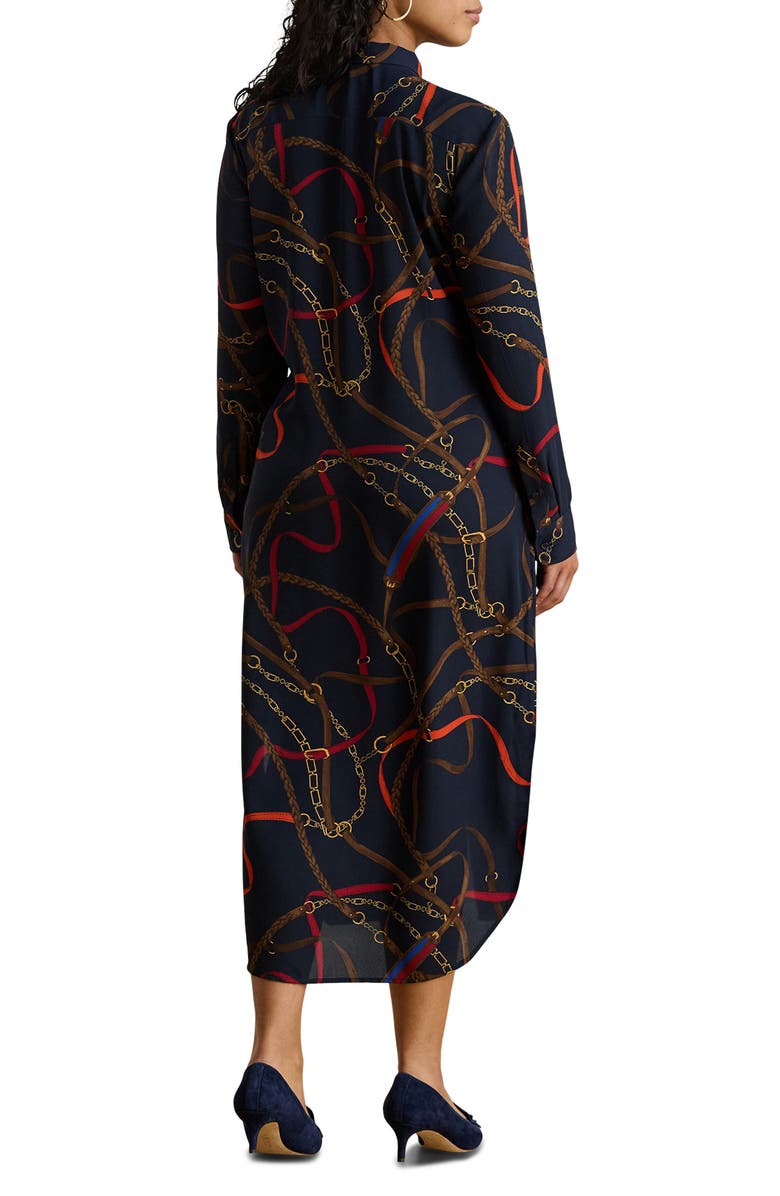 Lauren Ralph Lauren Chain Print Tie Waist Long Sleeve Crepe Shirtdress, Alternate, color, Navy Multi