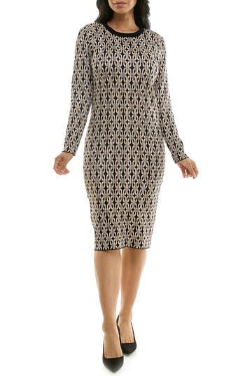 Nina Leonard Leopard Print Long Sleeve Sweater Dress In Black/tan