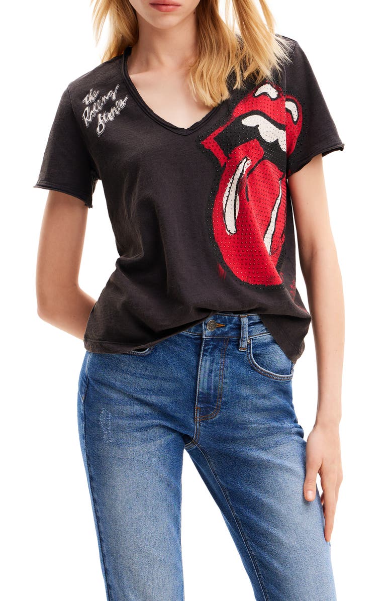 Desigual The Rolling Stones Rhinestone T-Shirt, Main, color, 