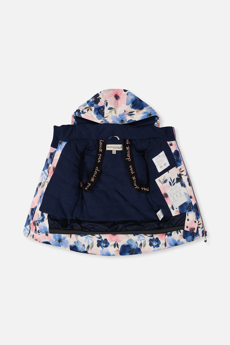 Play Flower Faux Fur Hood Jacket & Pants Two Piece Snowsuit, Alternate, color, Watercolor Flower Print